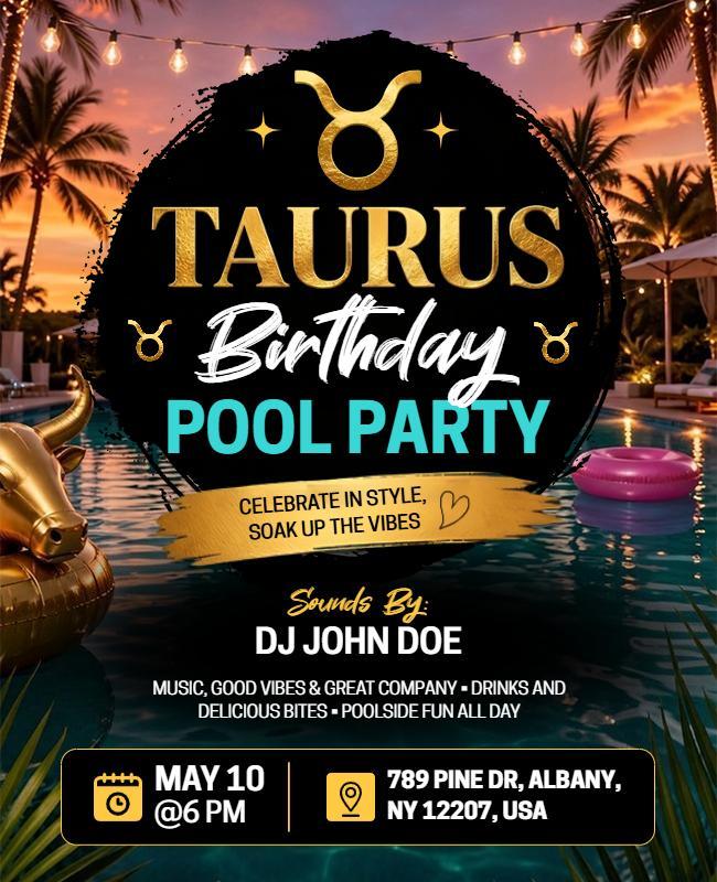 Taurus Birthday Pool Party Celebration Flyer Template