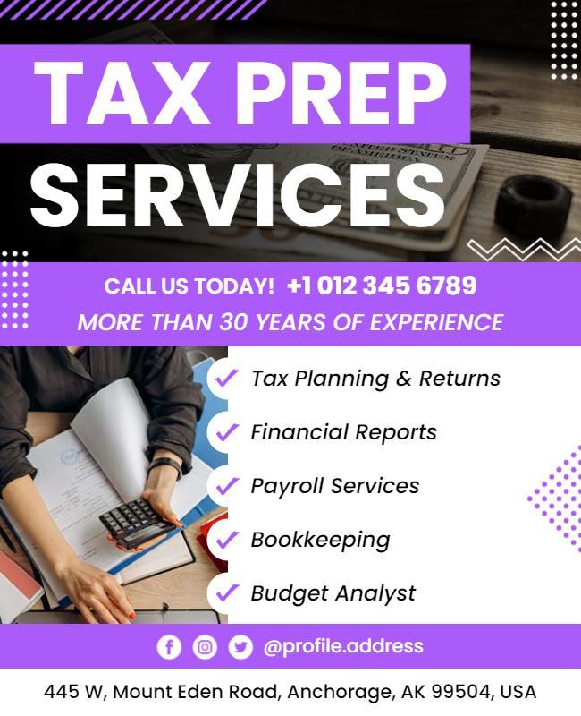 Modern Purple Tax Preparation Services Flyer Template