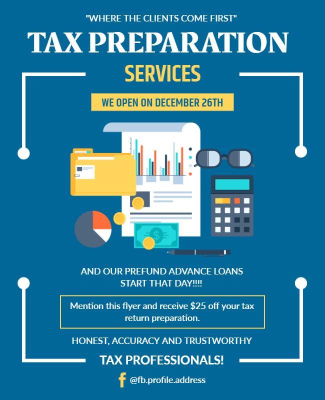 Bold Blue Tax Preparation Services Announcement Flyer Template