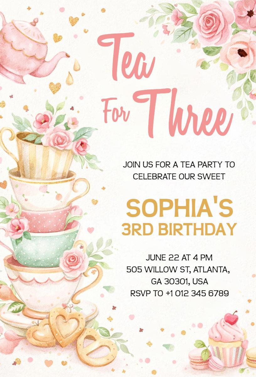 Tea Party Theme Sophias Third Birthday Invitation Template