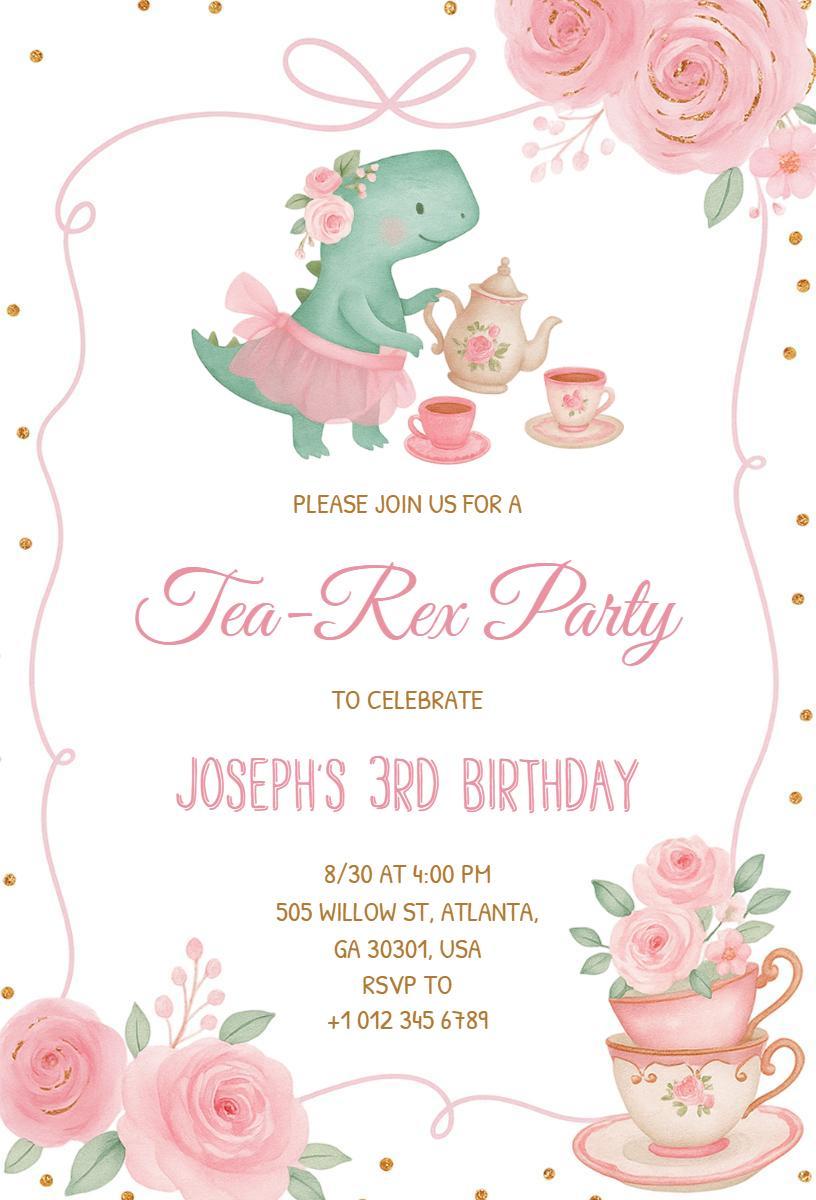 Tea-Rex Dinosaur Birthday Celebration Invitation Template