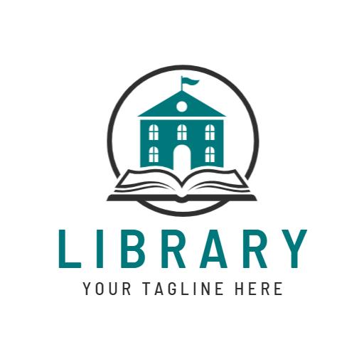 Teal Colored Library Building with Open Book Design Logo Template