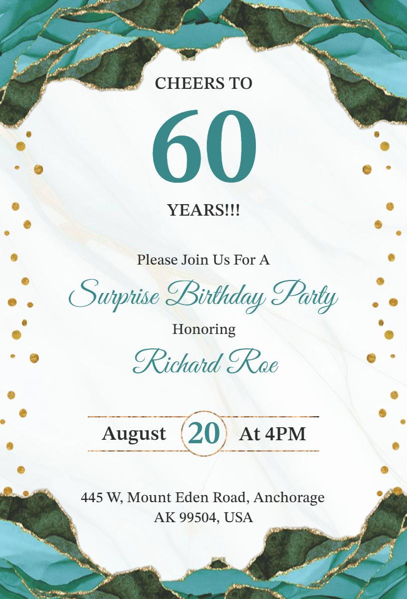 Teal Gold Elegant Surprise 60th Birthday Celebration Invitation Template