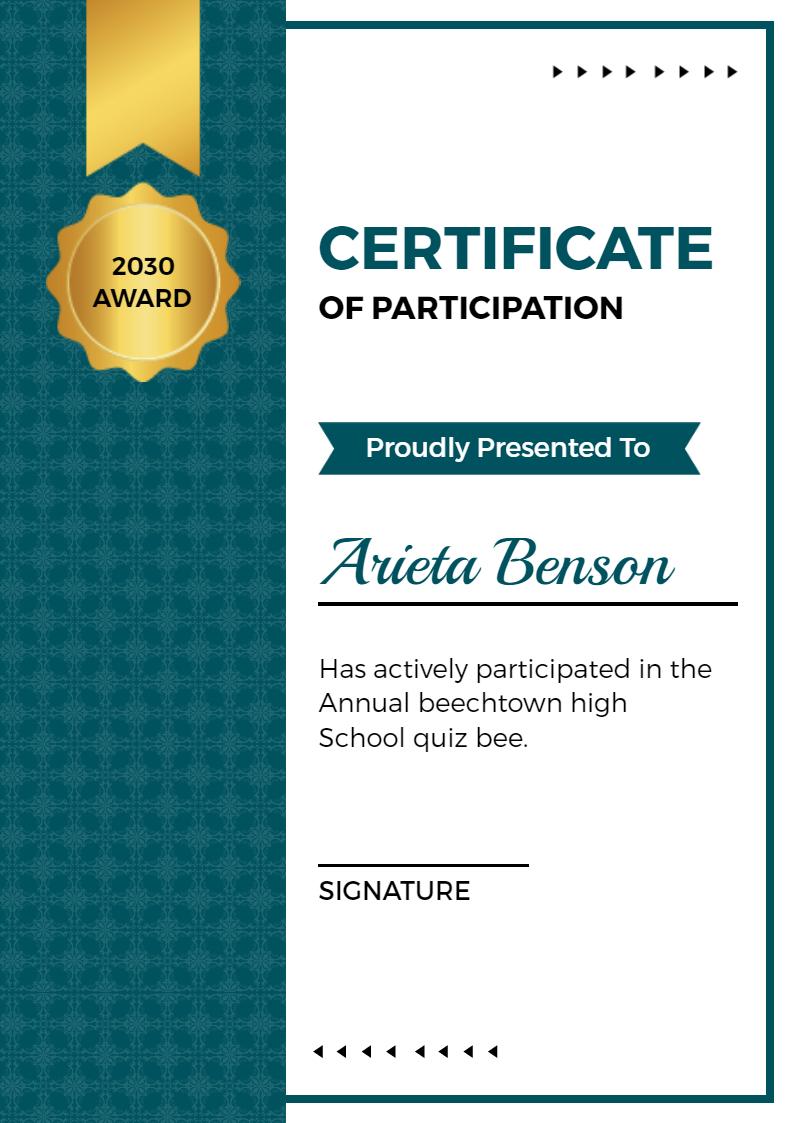 Teal Modern Gold Award for Participation Certificate Template