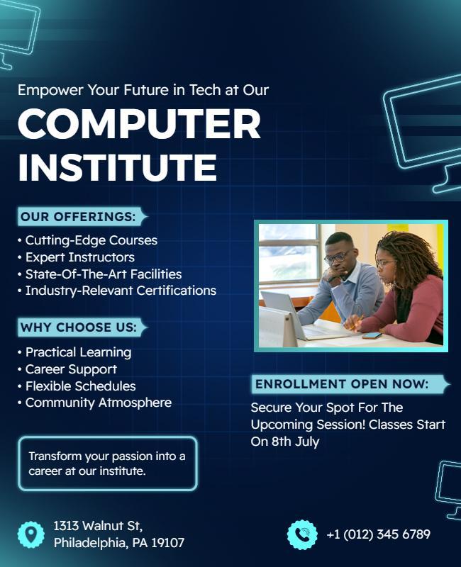 Tech Education Enrollment Computer Institute Flyer Template