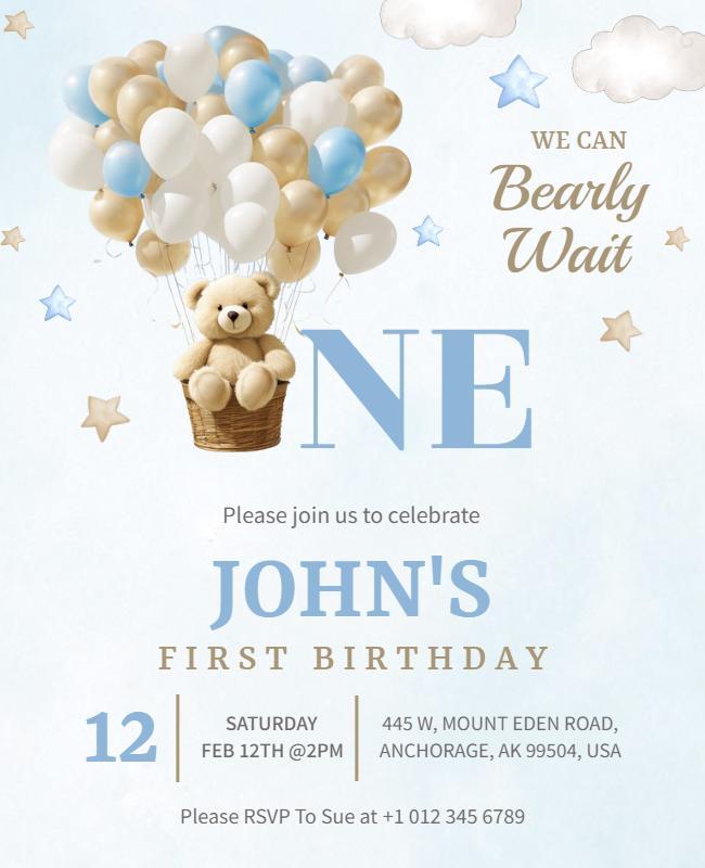 Teddy Bear Themed First Birthday Flyer Template