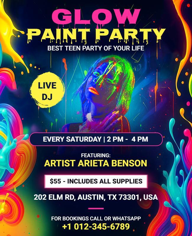 Teen Glow Paint Party with Live DJ Flyer Template