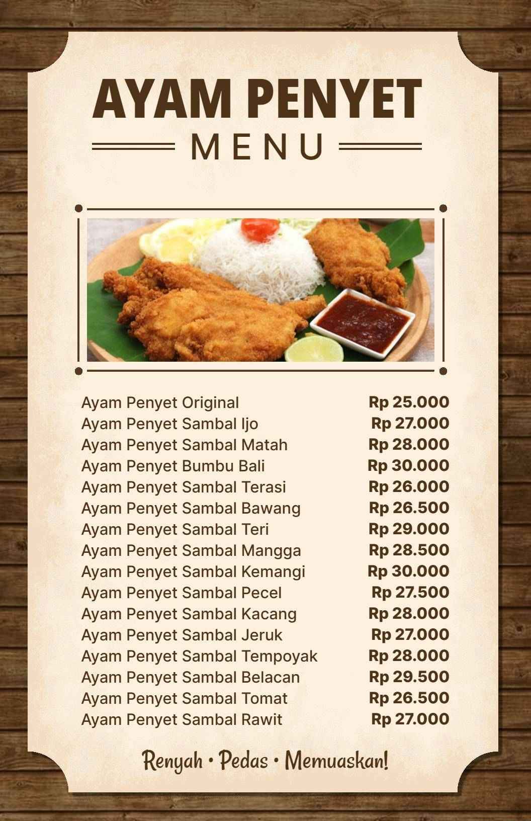Templat Menu Ayam Penyet Hidangan Ayam Klasik Indonesia