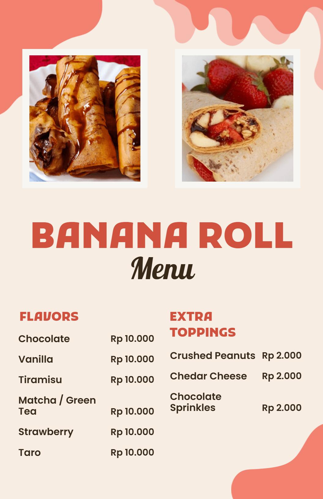 Templat Menu Camilan Banana Roll Dengan Desain Gelombang Pastel Modern
