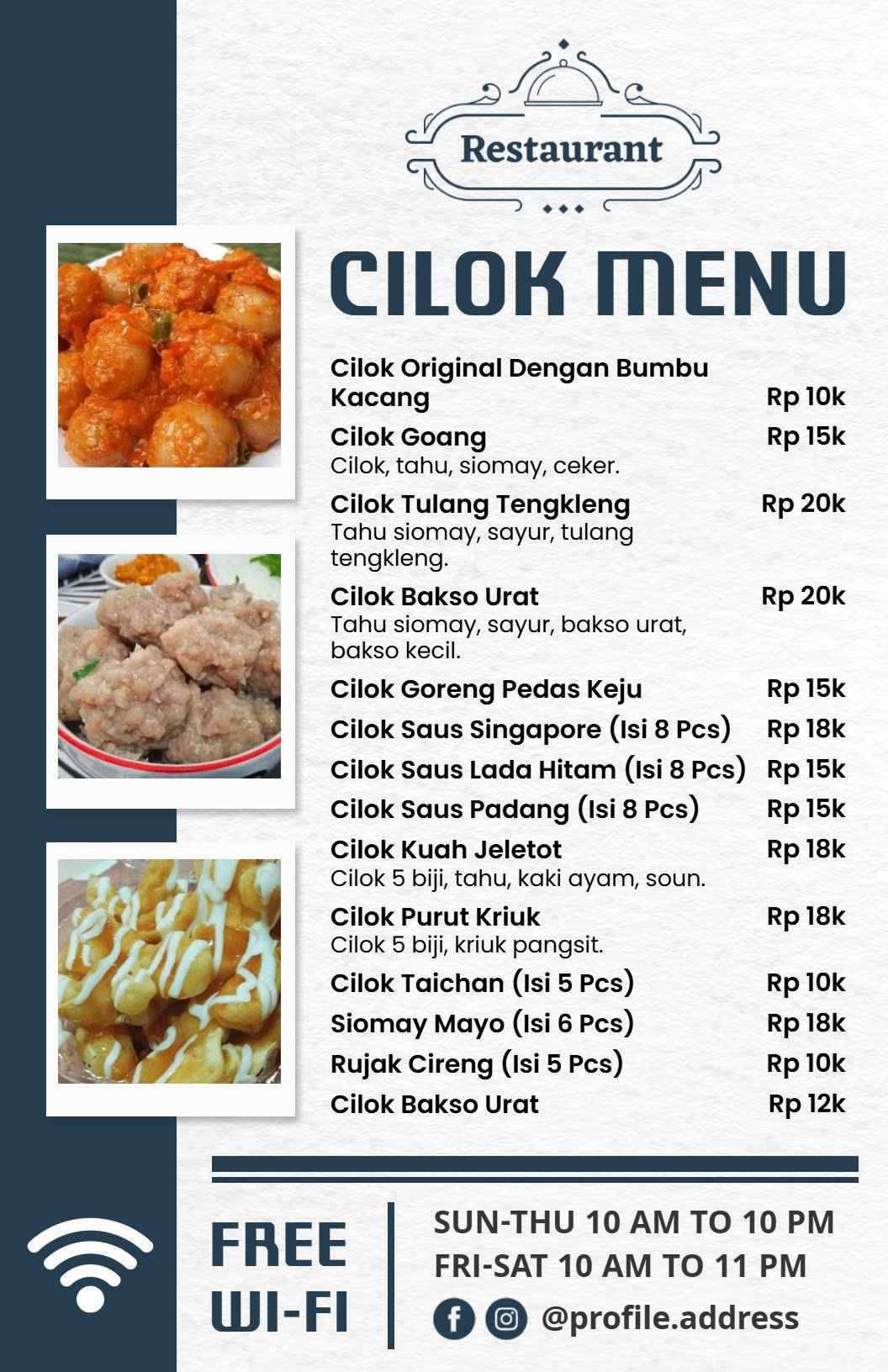 Templat Menu Hidangan Cilok Klasik Nuansa Biru Dongker Dan Putih