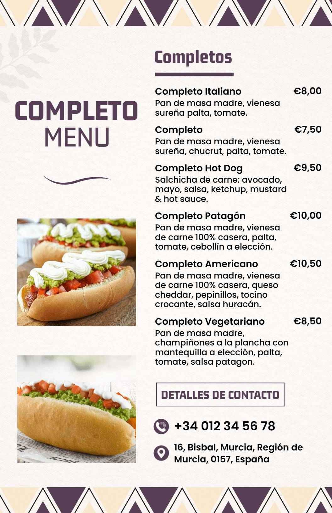 Templat Menu Hidangan Lezat Completo Dengan Nuansa Ungu Yang Elegan