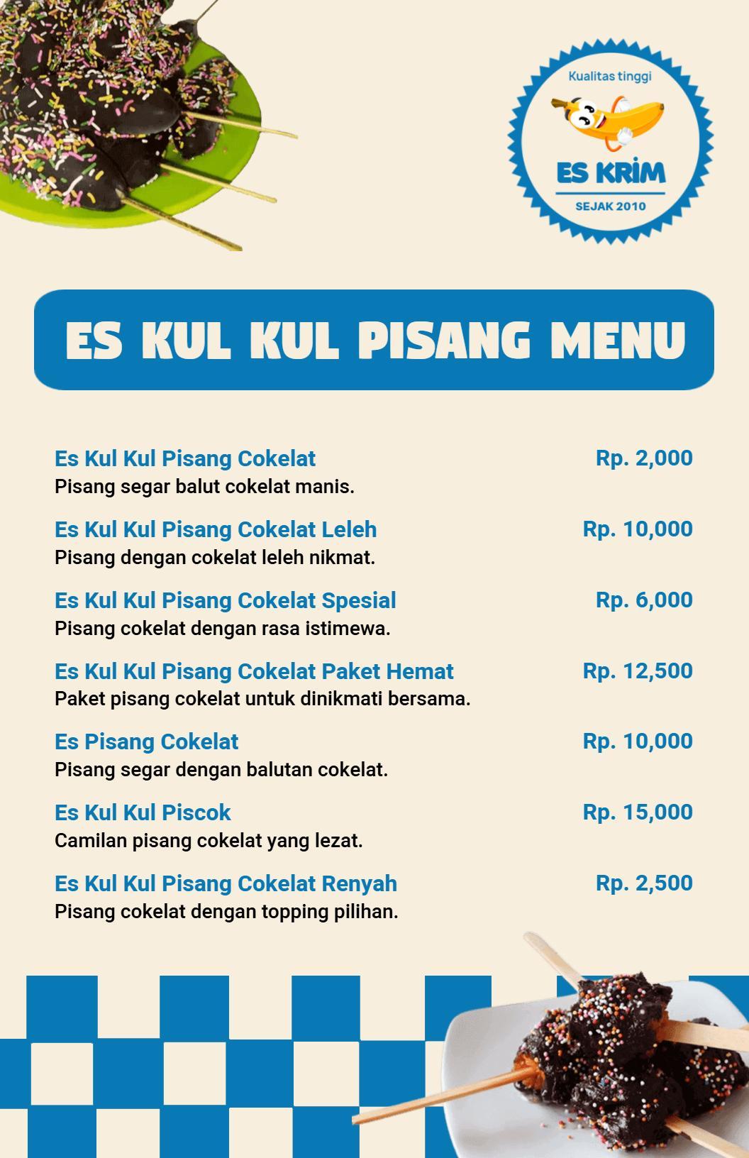 Templat Menu Hidangan Lezat Pisang Berlapis Cokelat Dan Es Krim