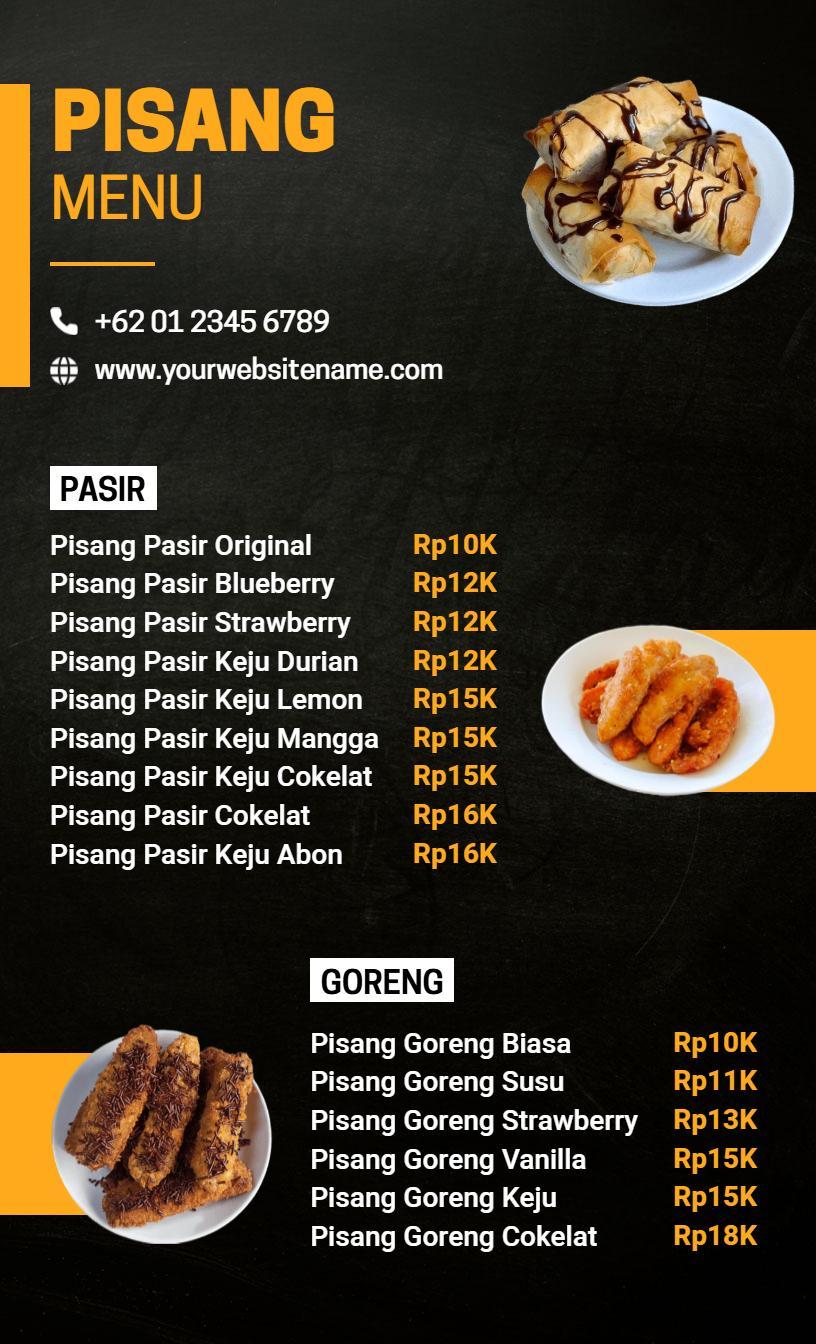 Templat Menu Hidangan Pisang Khas Indonesia Bergaya Modern Dengan Nuansa Hitam Dan Oranye
