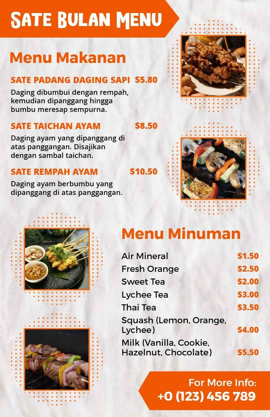 Templat Menu Hidangan Sate Dengan Tema Oranye Yang Cerah