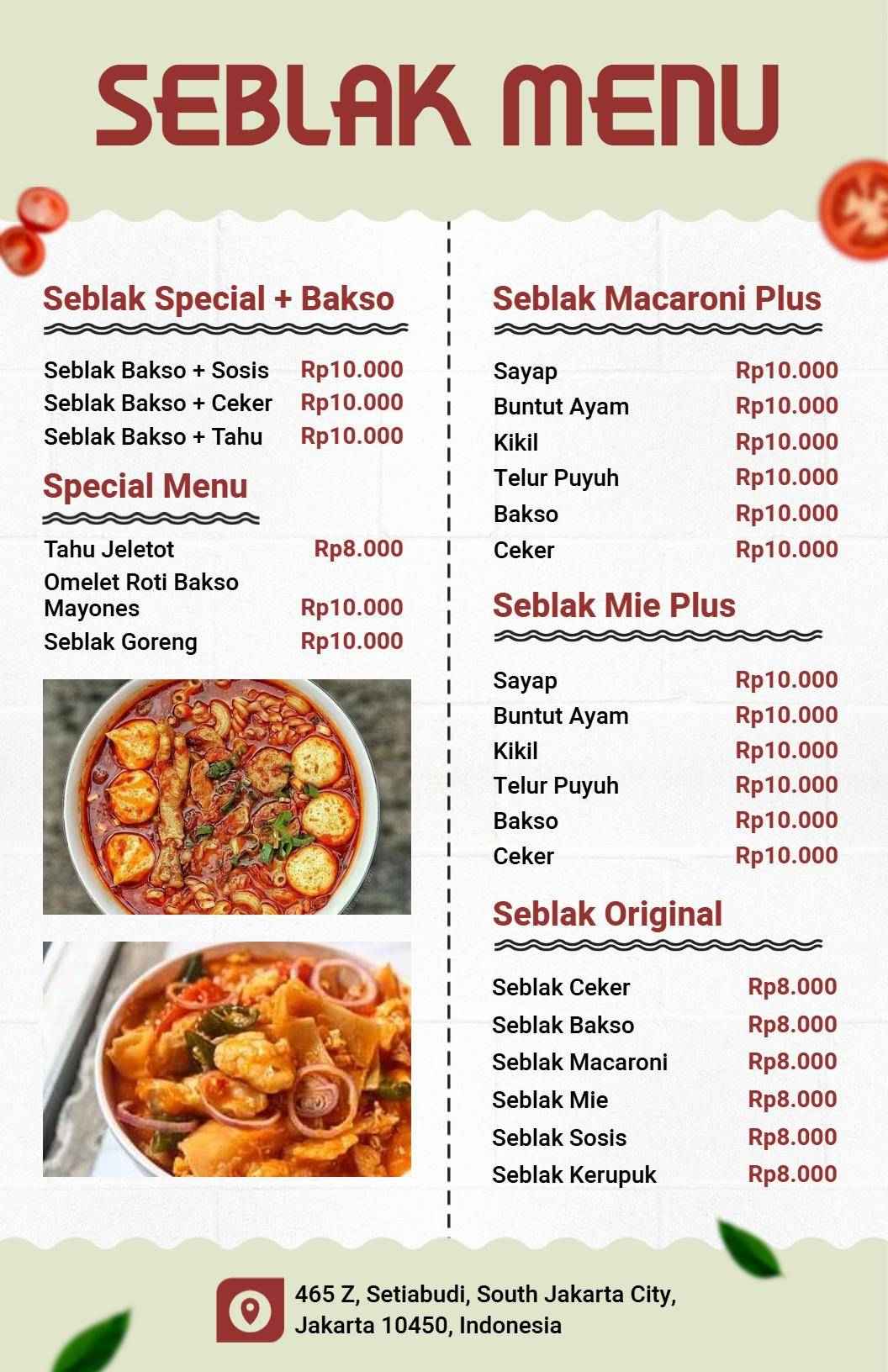 Templat Menu Hidangan Seblak Khas Indonesia