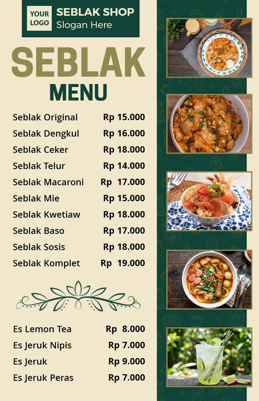 Templat Menu Hidangan Seblak Tradisional Yang Elegan Dengan Nuansa Hijau Dan Krem