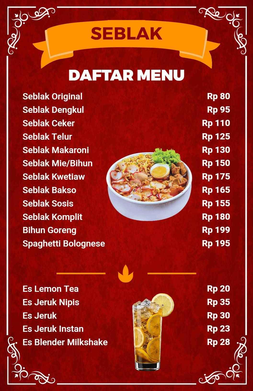 Templat Menu Hidangan Spesialisasi Seblak Dengan Latar Belakang Merah Mencolok