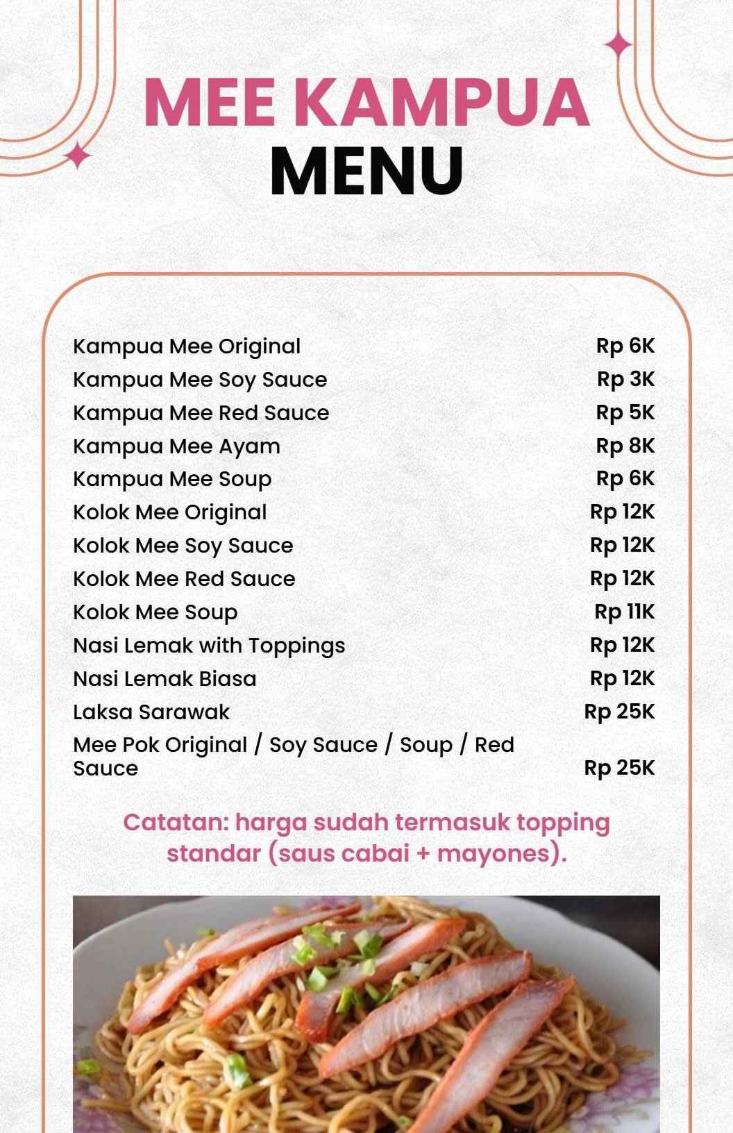 Templat Menu Hidangan Tradisional Mee Kampua Yang Elegan Dengan Nuansa Putih Dan Merah Muda