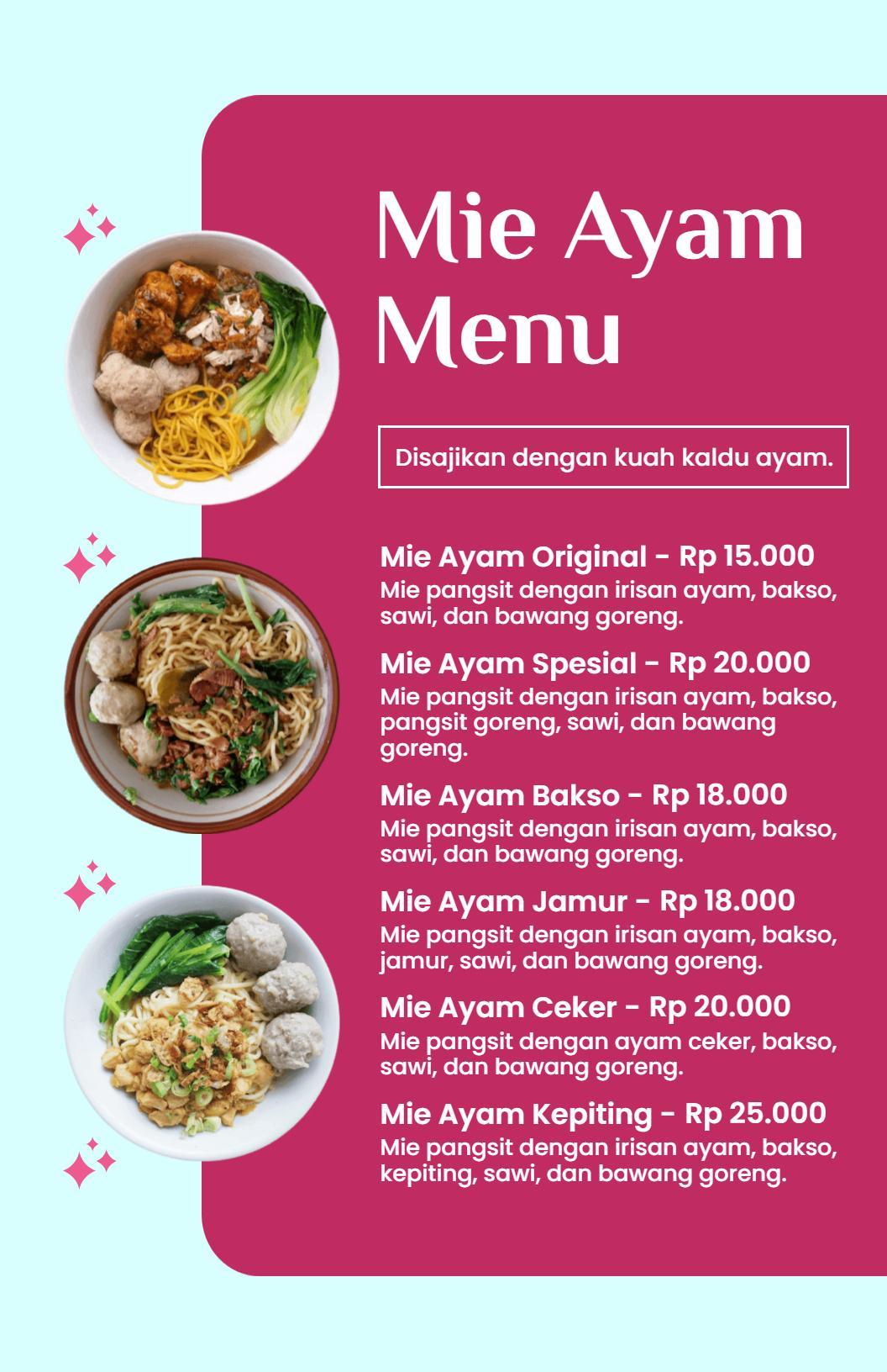 Templat Menu Makanan Aneka Mie Ayam Indonesia Otentik Dengan Berbagai Topping