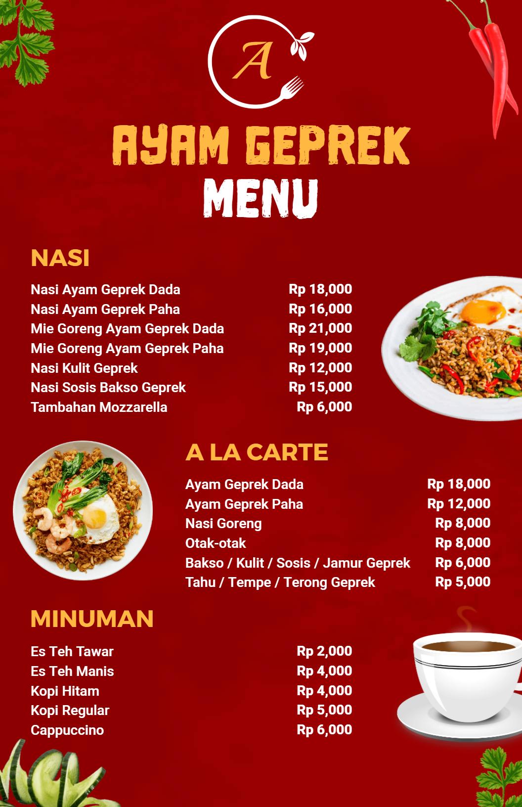 Templat Menu Makanan: Hidangan Ayam Geprek Lezat Dan Minuman Menyegarkan