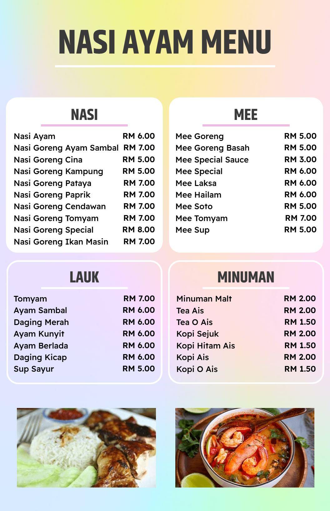 Templat Menu Makanan Nasi Ayam Dan Minuman Santai