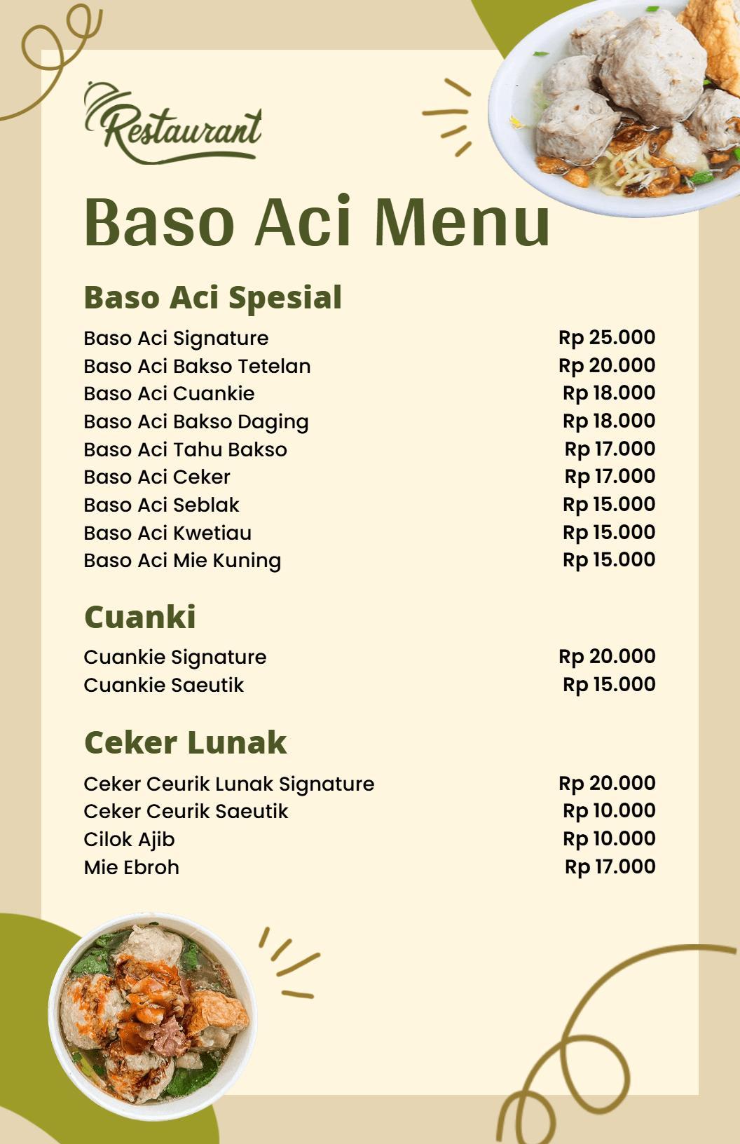 Templat Menu Makanan Spesialisasi Baso Aci Dan Cuanki Khas Indonesia