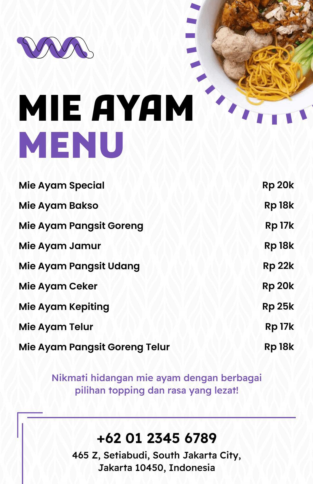 Templat Menu Mie Ayam Ungu Yang Cantik