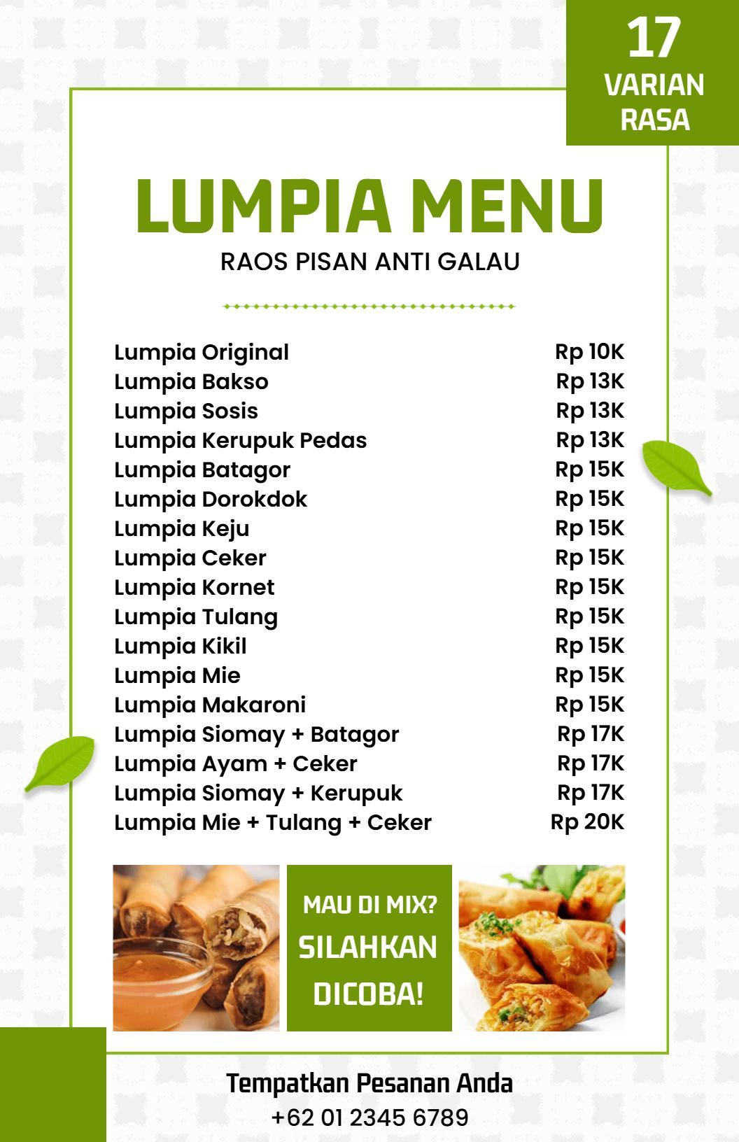 Templat Menu Pilihan Camilan Lumpia Dengan Tema Bersih Dan Hijau
