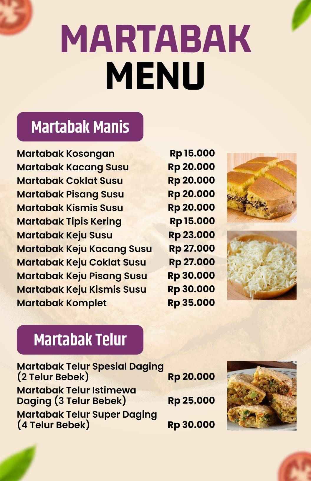 Templat Menu Pilihan Martabak Manis Dan Asin Dengan Isian Lezat