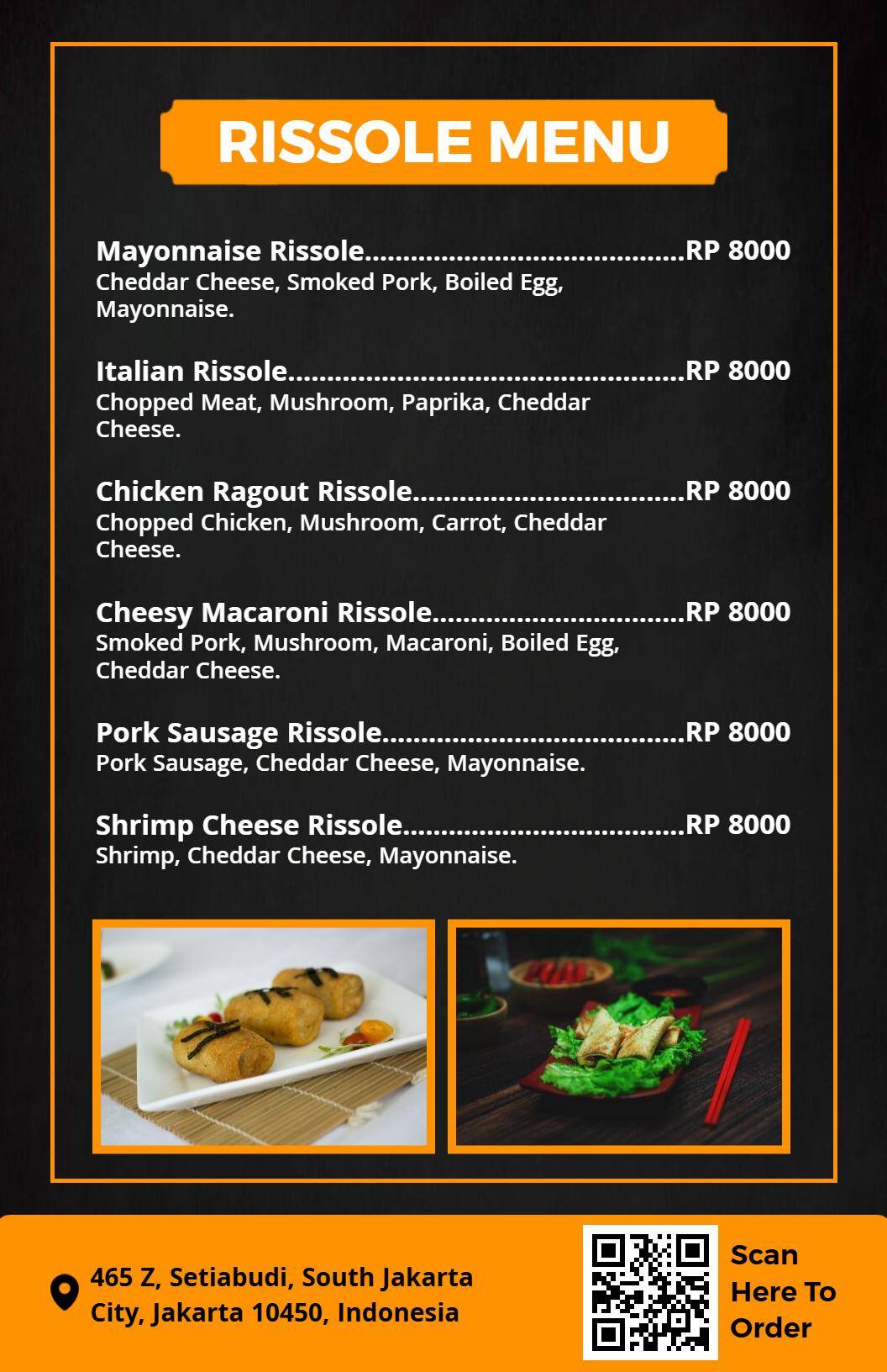 Templat Menu Pilihan Risol Modern Yang Elegan Dengan Nuansa Hitam Dan Oranye