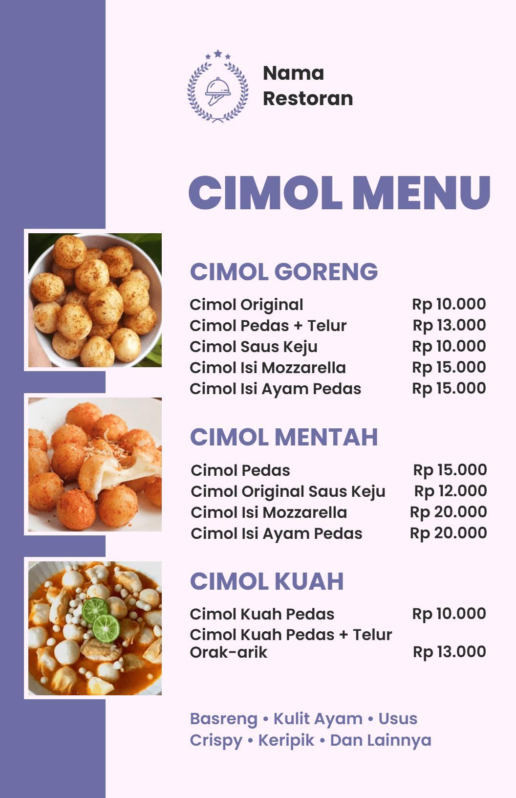 Templat Menu Restoran Cimol Kontemporer Bernuansa Lavender Yang Simpel