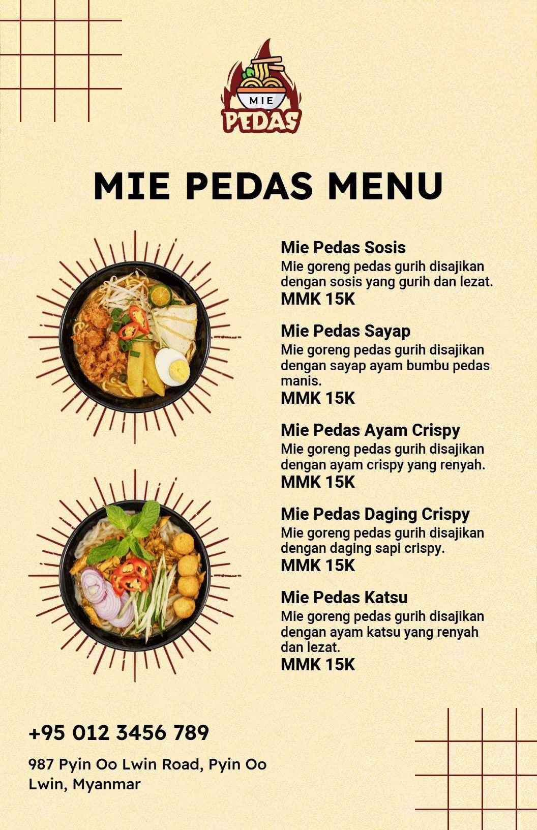 Templat Menu Restoran Mie Pedas Tradisional Bernuansa Krem