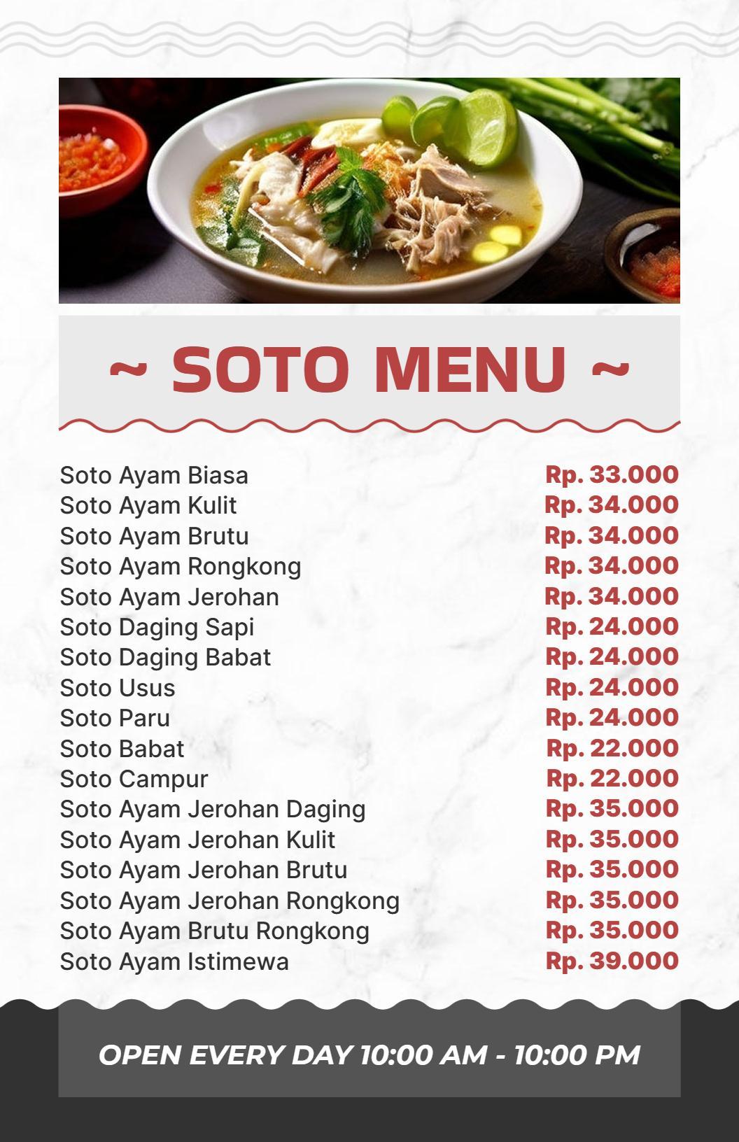 Templat Menu Restoran Soto Modern Dengan Nuansa Putih Dan Merah
