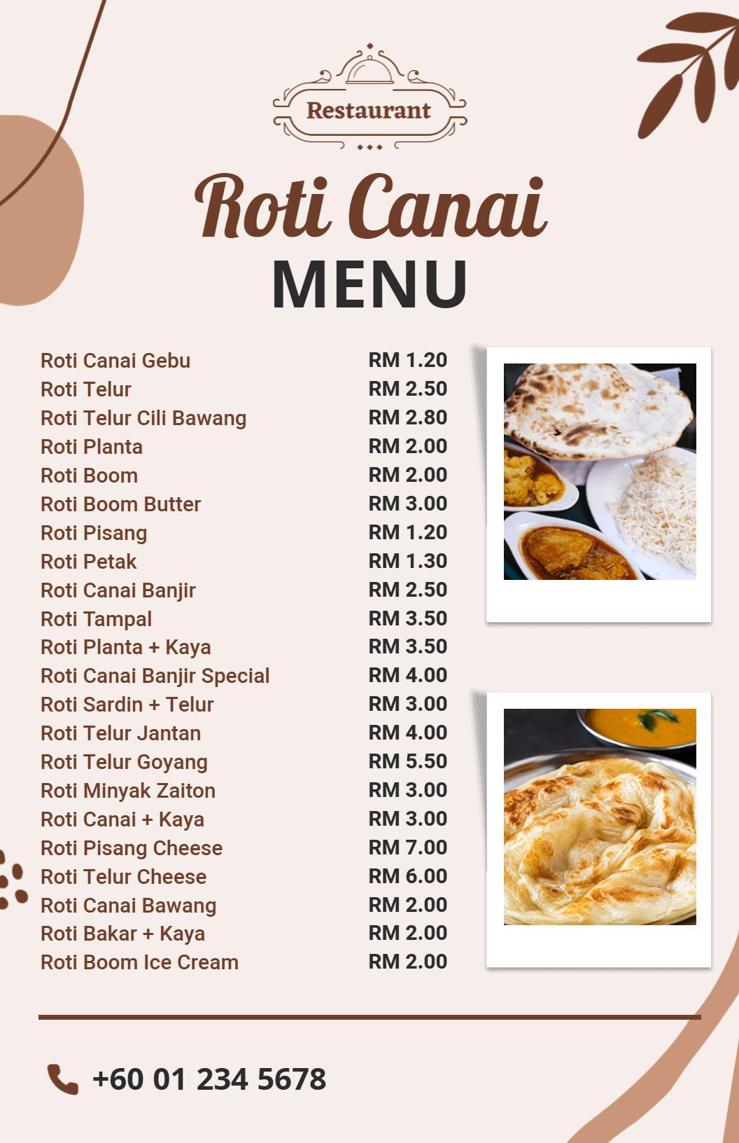 Templat Menu Roti Canai Malaysia Nada Coklat Minimalis