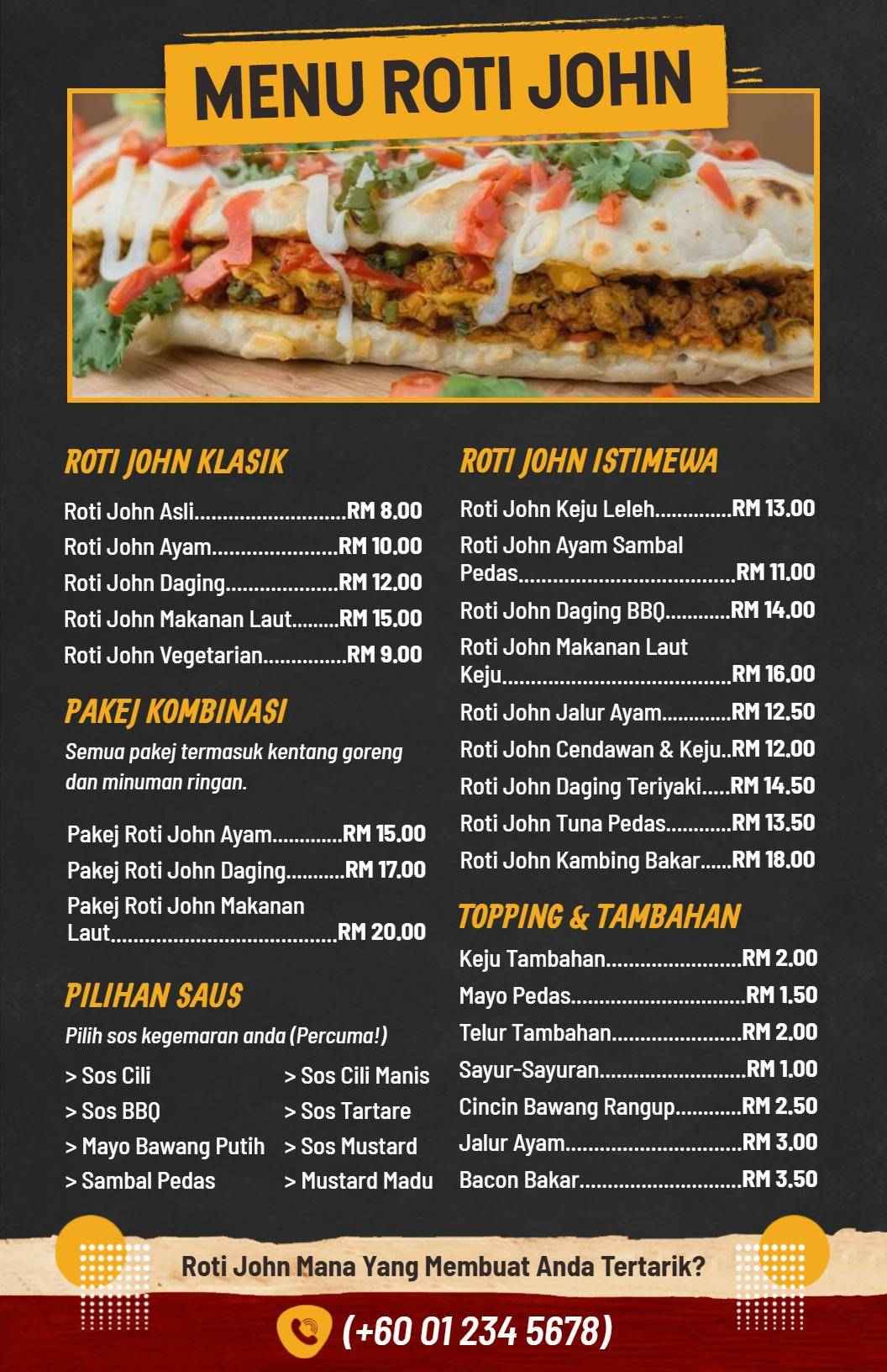 Templat Menu Roti John Klasik Hitam Dan Kuning Retro