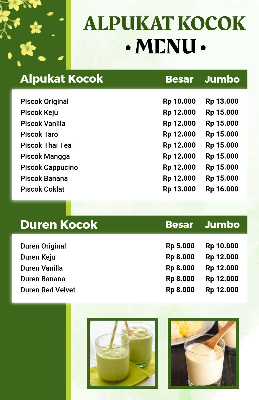 Templat Menu Shake Alpukat Dan Durian Hijau Dengan Desain Floral Yang Elegan