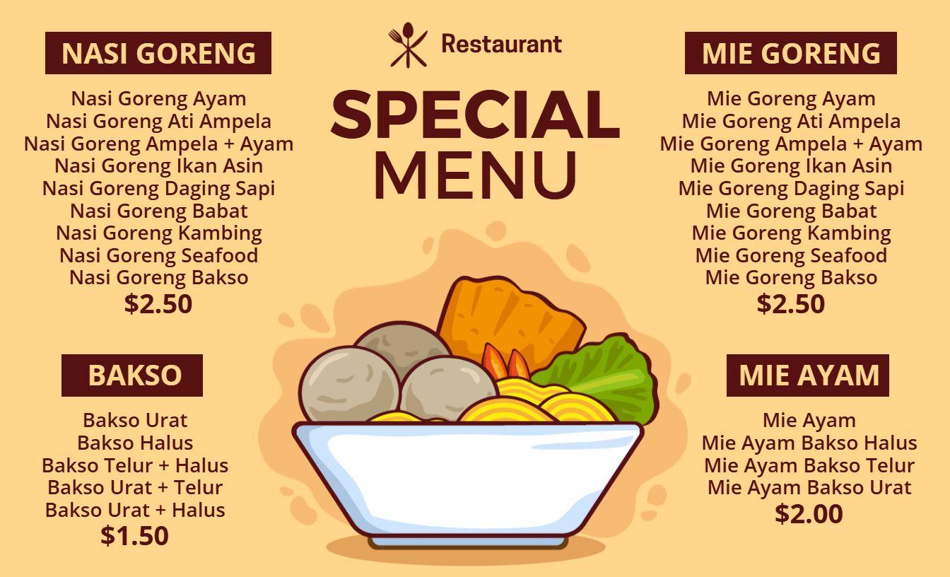 Templat Menu Spesial Hidangan Nasi Goreng Dan Mie Ayam Otentik