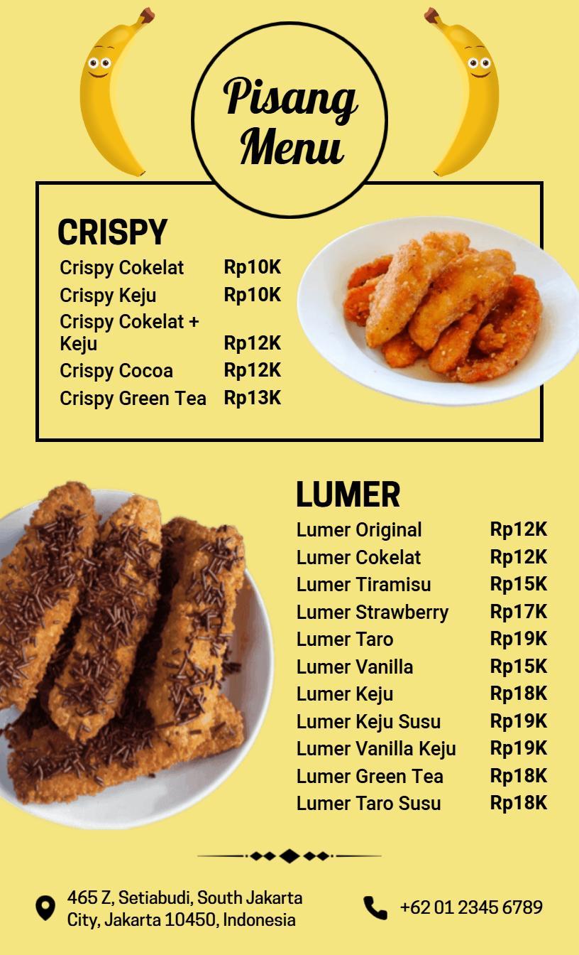 Templat Menu Spesial Pisang Dengan Latar Belakang Kuning Cerah