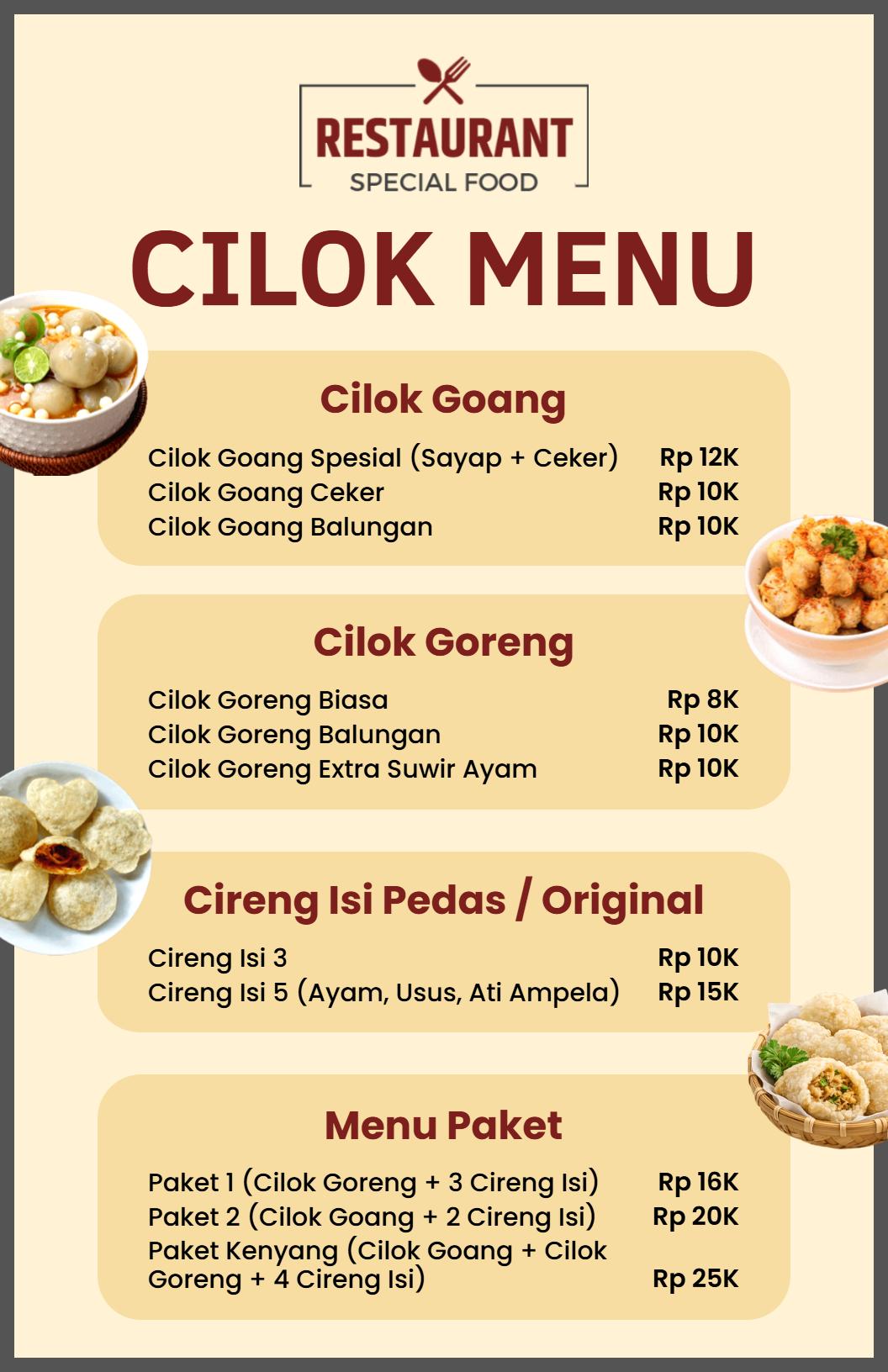 Templat Menu Spesialisasi Cilok Khas Indonesia Yang Elegan Dan Bernuansa Cokelat