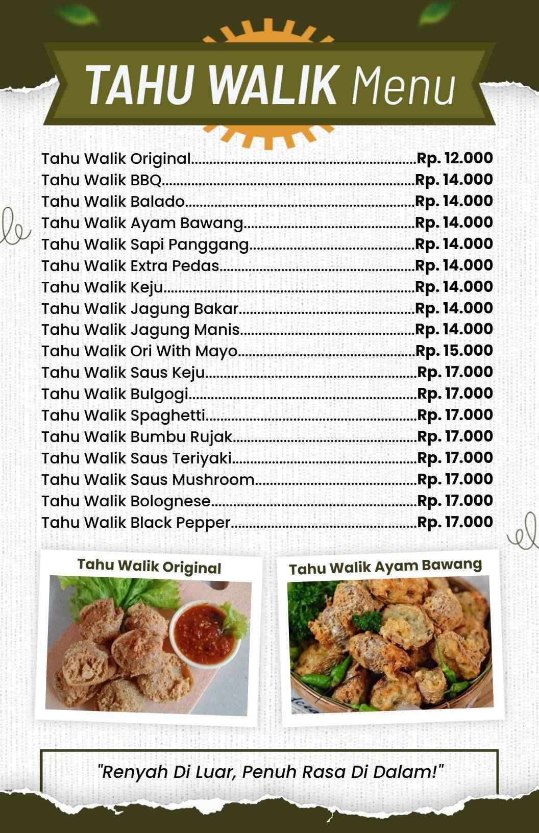 Templat Menu Tahu Walik Dengan Tema Nuansa Cokelat Dan Hijau Bergaya Rustik