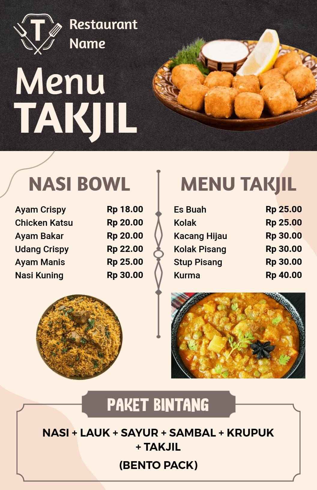 Templat Menu Takjil Tradisional Bernuansa Beige Dan Cokelat Yang Elegan