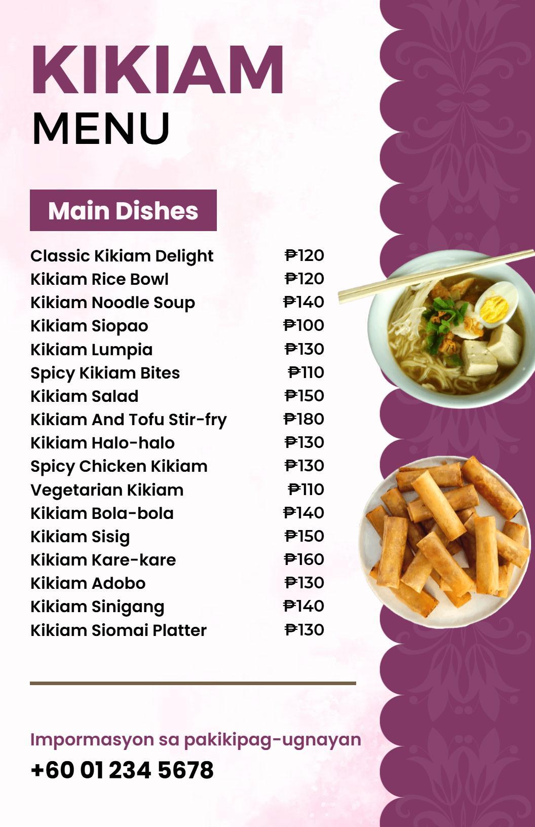 Template Ng Menu Ng Eleganteng Lutuing Pilipino Na May Temang Lila Na Kikiam