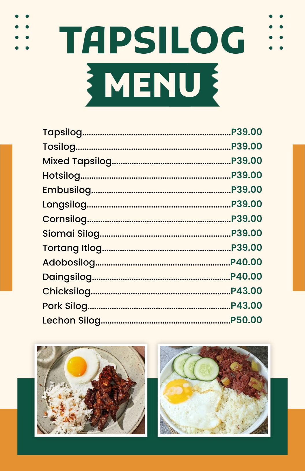 Template Ng Menu Ng Tapsilog Para Sa Mga Klasikong Lutuing Pang-Almusal