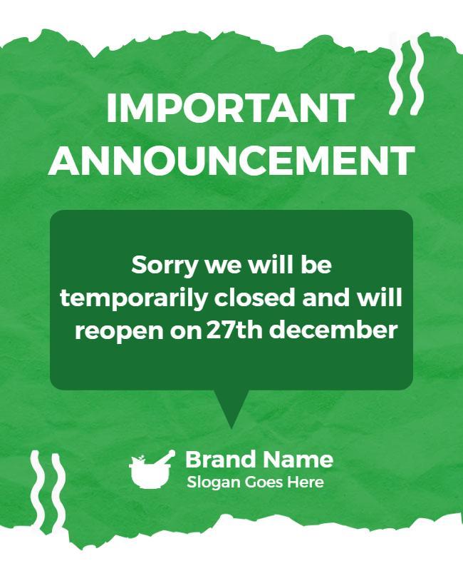 Bold Green Important Announcement Closure Flyer Template