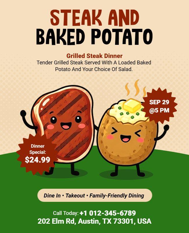 Tender Steak and Baked Potato Dinner Flyer Template