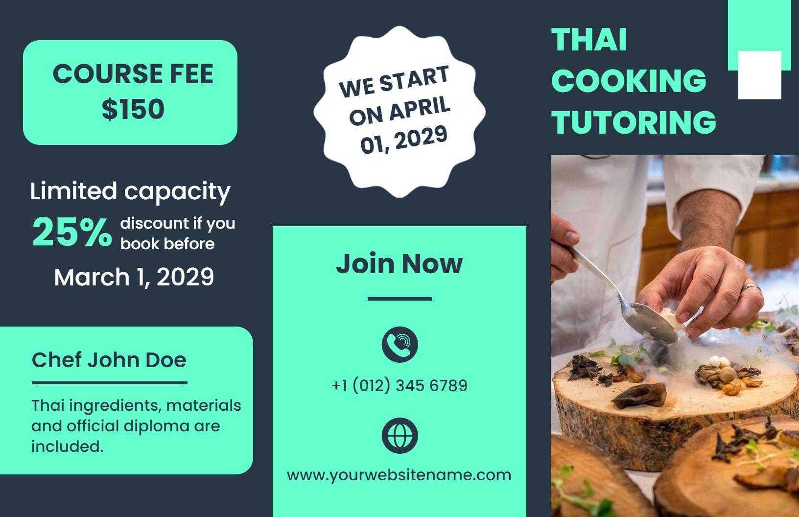 Thai Cooking Tutoring Course Registration and Pricing Brochure Template