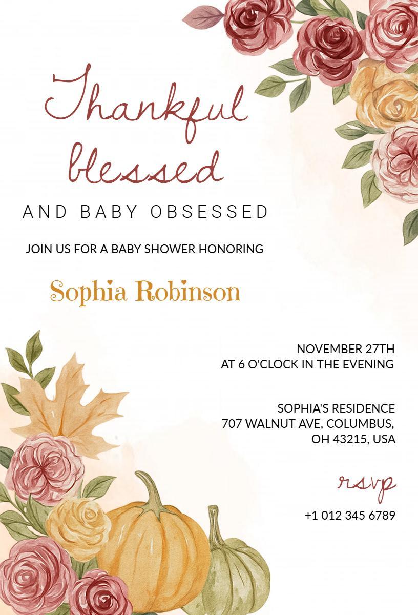 Thankful Baby Shower Celebration Thanksgiving Invitation Template