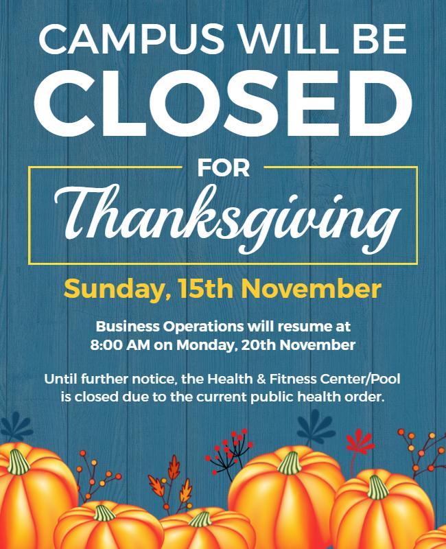 Thanksgiving Campus Closure Announcement Flyer Template