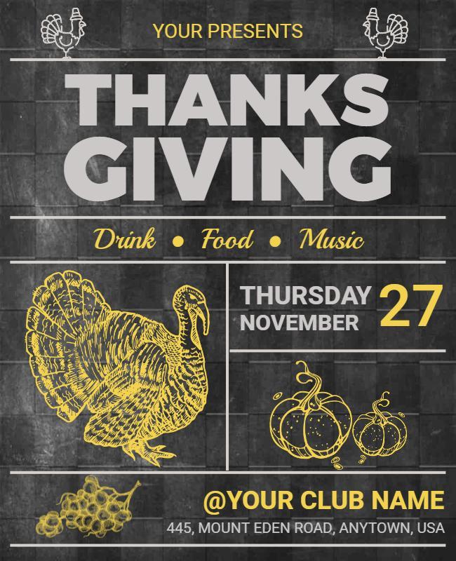 Chalkboard Thanksgiving Celebration Drink Food Music Flyer Template