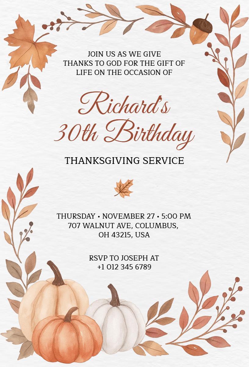 Thanksgiving Celebration Richard's 30th Birthday Invitation Template